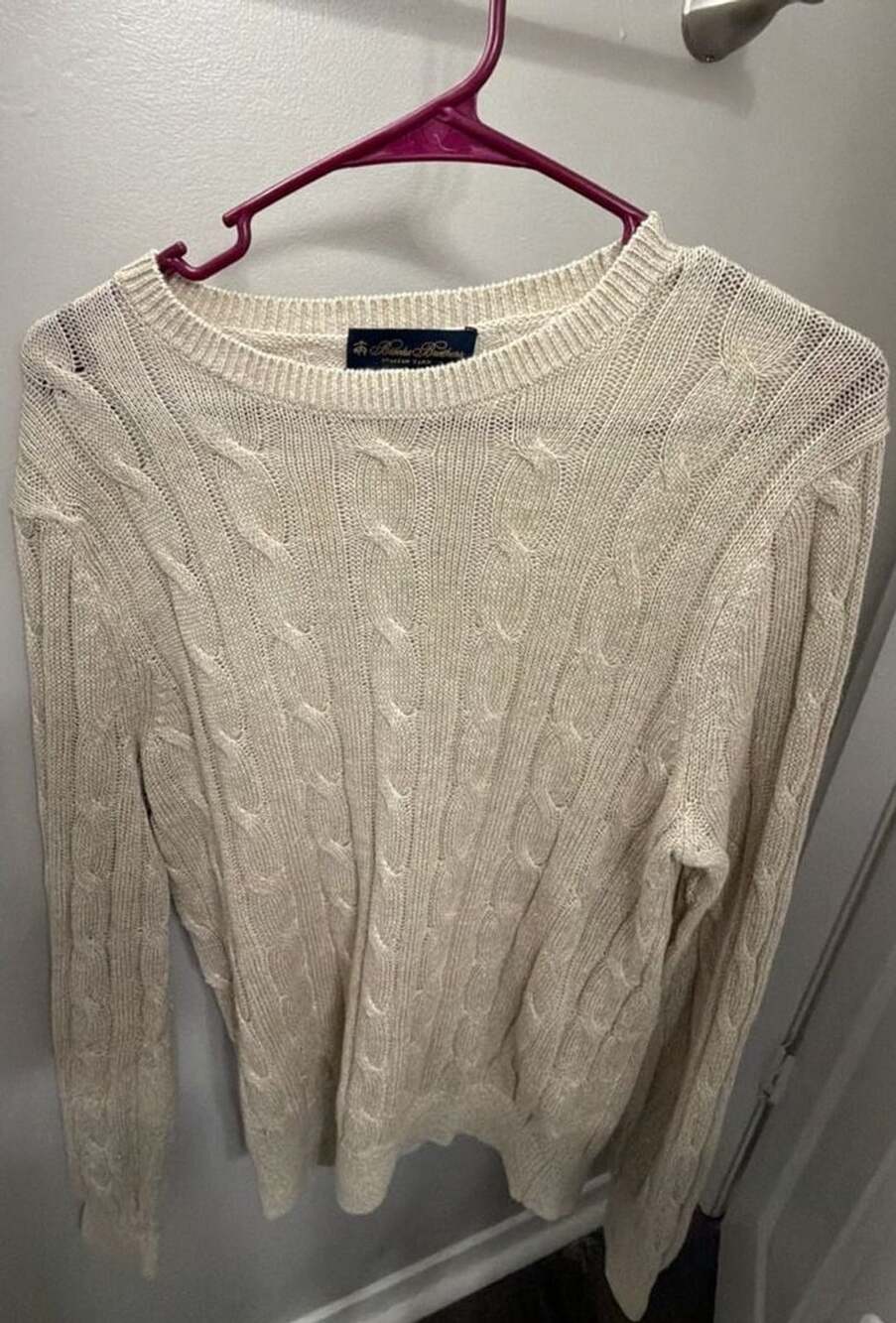 Brooks Brothers Men’s S 100% Linen Cable Knit Sweater Italian Yarn Ivory